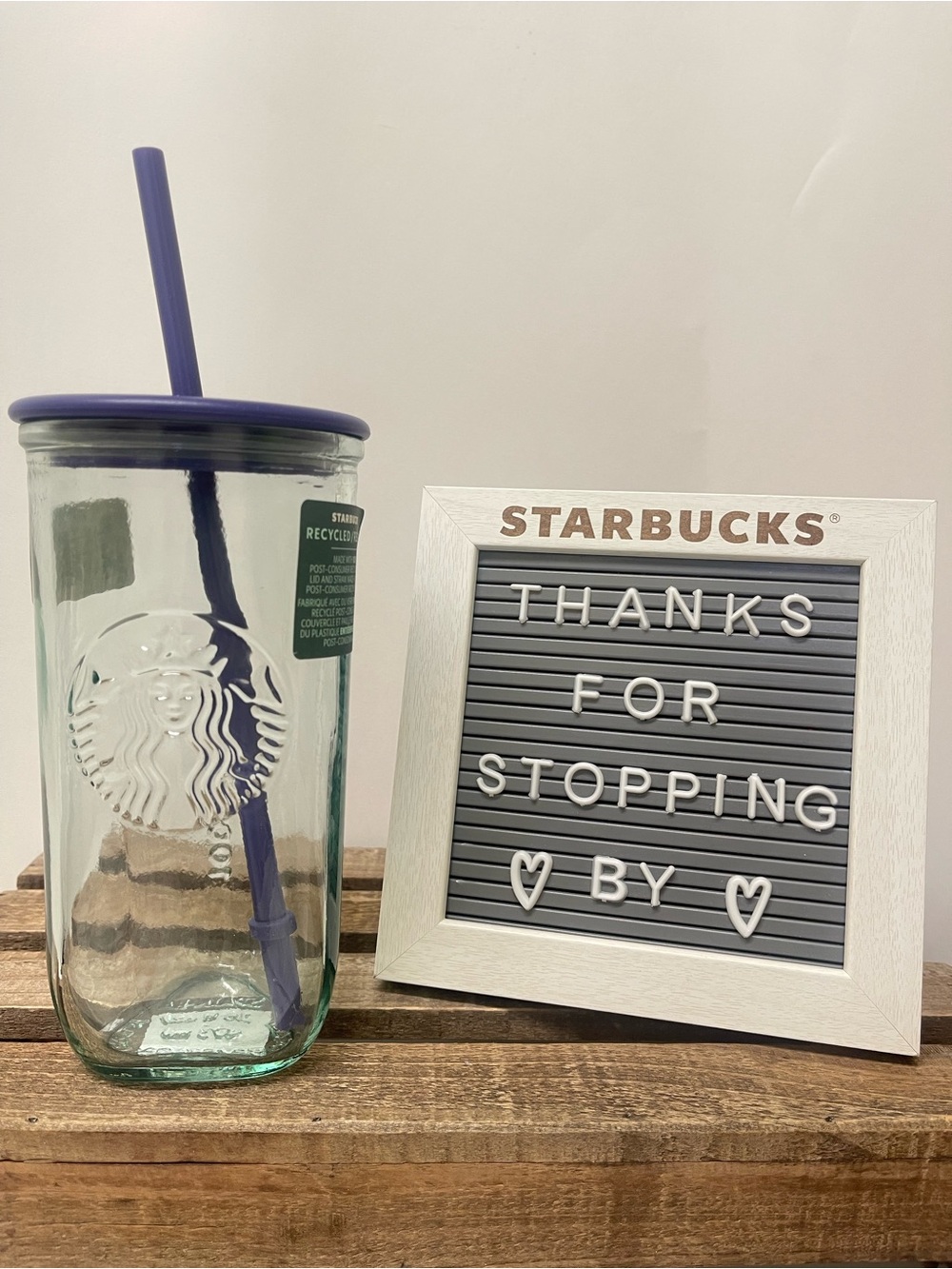 Starbucks 16oz. Clear Glass Tumbler with Purple Lid and Straw